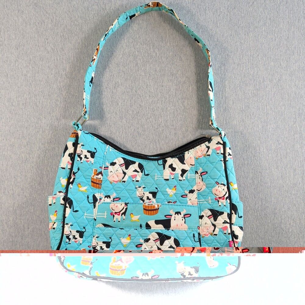 N.Gil Happy Cow Cloth Purse/ Tote Teal And Black 15"X 11"